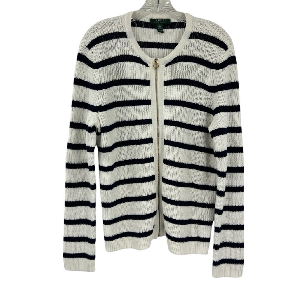 Lauren Ralph Lauren navy white nautical fisherman striped Zip sweater cardigan L